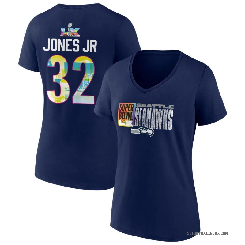 Velus Jones Jr. Women's Navy Seattle Seahawks Super Bowl LX V-Neck T-Shirt