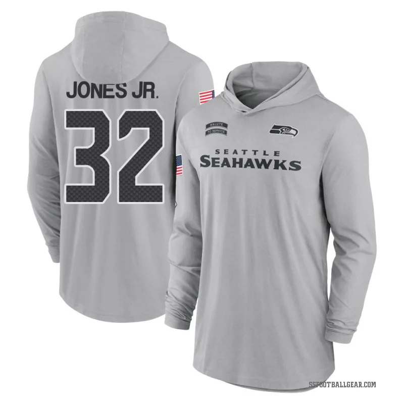 Velus Jones Jr. Youth Gray Seattle Seahawks 2024 Salute to Service Lightweight Performance Long Sleeve Hooded T-Shirt